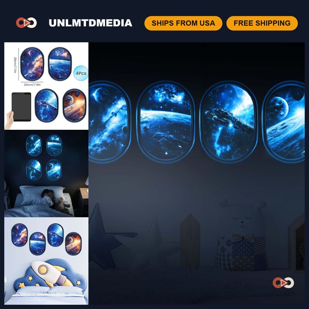 Glow in the Dark 3D Galaxy Space Wall Stickers - 4 Pcs Self-Adhesive Decals